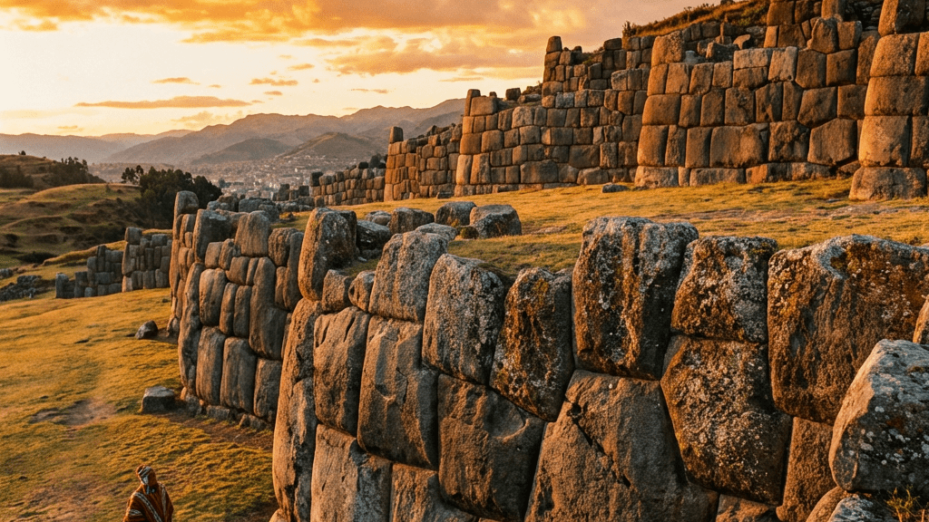 Large, interlocking stone blocks forming ancient walls under a golden sunset sky.