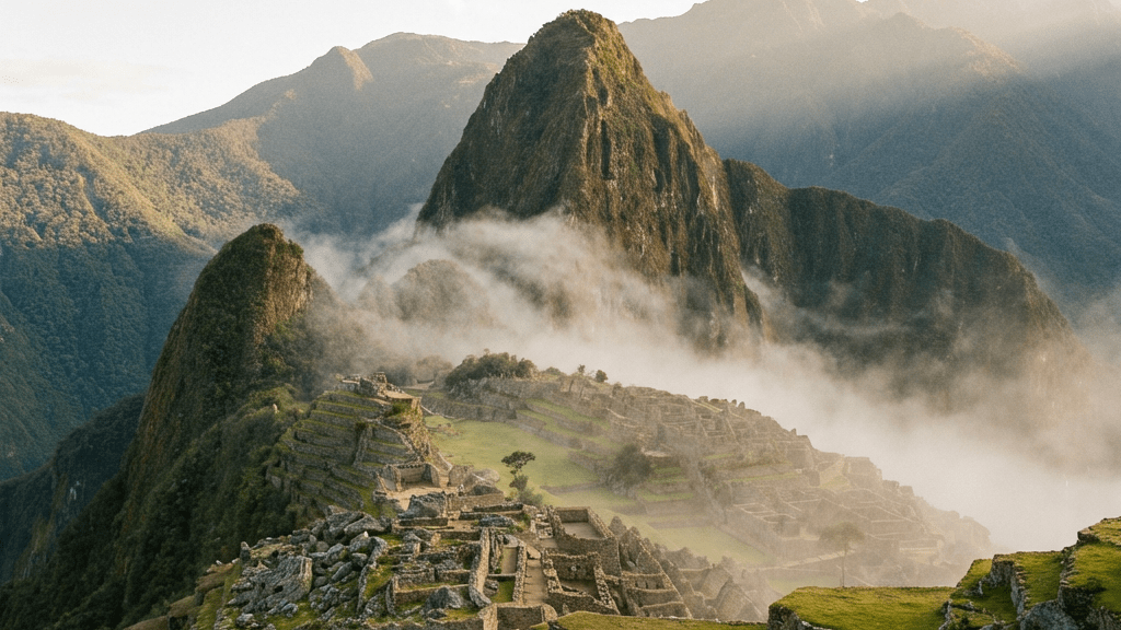 Panoramic view of Machu Picchu ruins nestled in mountains with morning fog and soft sunlight.
